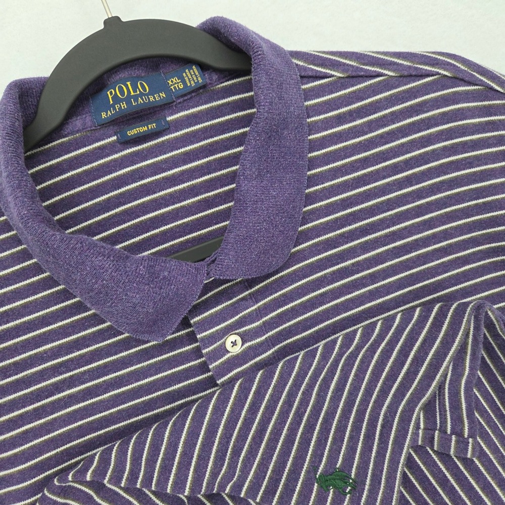 Polo Ralph Lauren Men XXL Heavy Polo Shirt Striped Purple Custom‎ Fit Cotton
